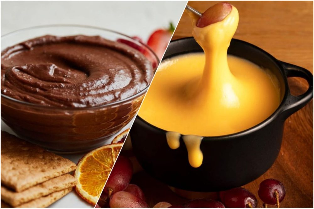 Chocolate ou queijo: qual o melhor fondue? | Imagens de fondue de chocolate e queijo lado a lado | Atacadão