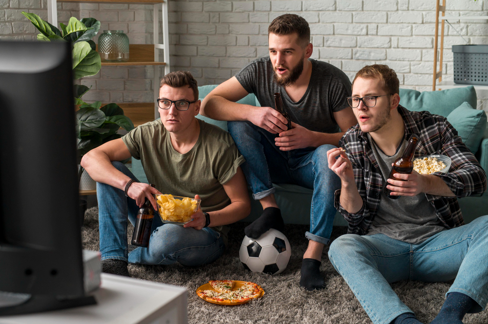Assistir esportes em casa: dicas para aproveitar | Amigos assistindo jogo em casa | Atacadão