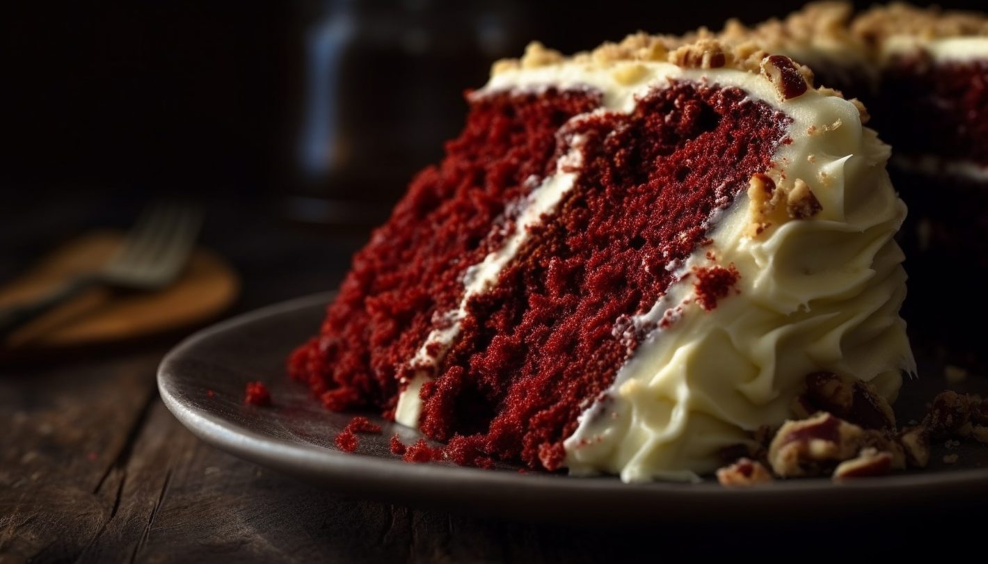 Bolo Red Velvet: saiba como preparar | Foto de um pedaço do bolo red velvet em um prato | Atacadão