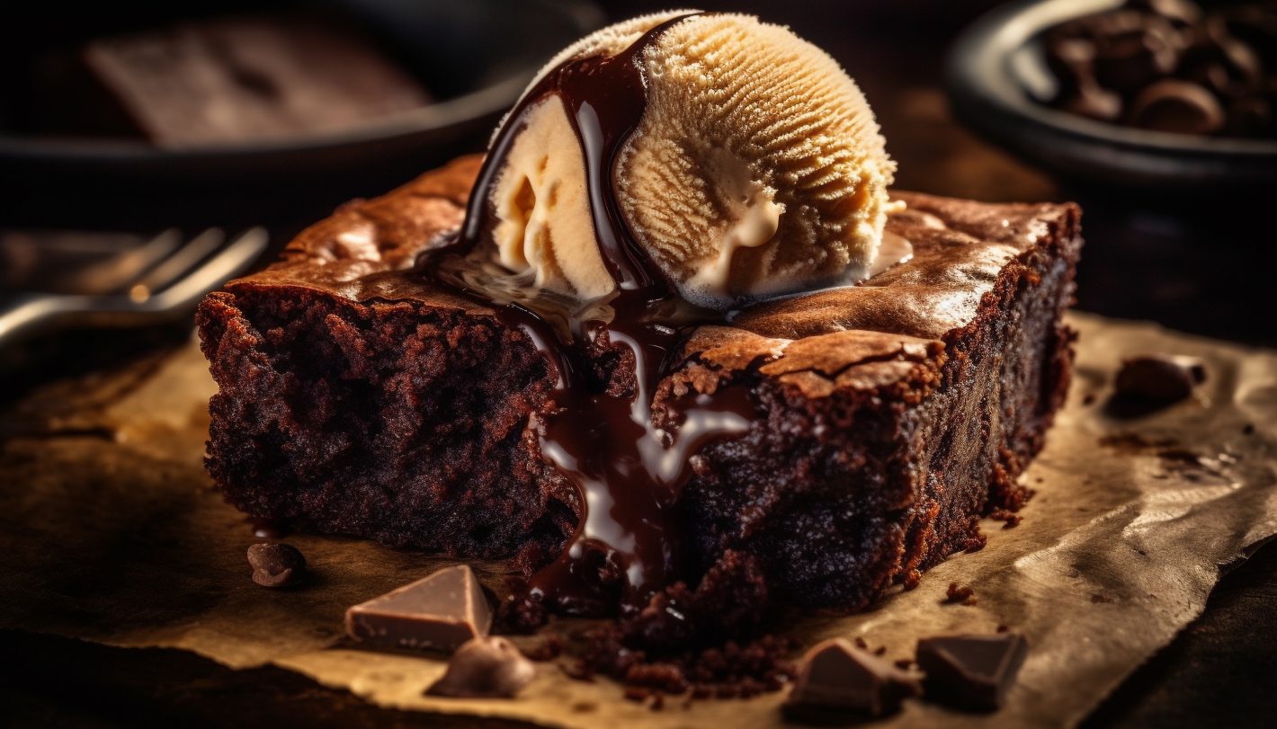 Brownies e Blondies: conheça receitas deliciosas | Foto de um pedaço de brownie em um prato, com um sorvete em cima | Atacadão