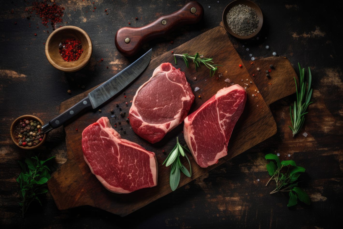 Comprar carne bovina: dicas para acertar nesse momento! | Foto de três pedaços de carne bovina crua, alguns temperos e facas ao lado | Atacadão